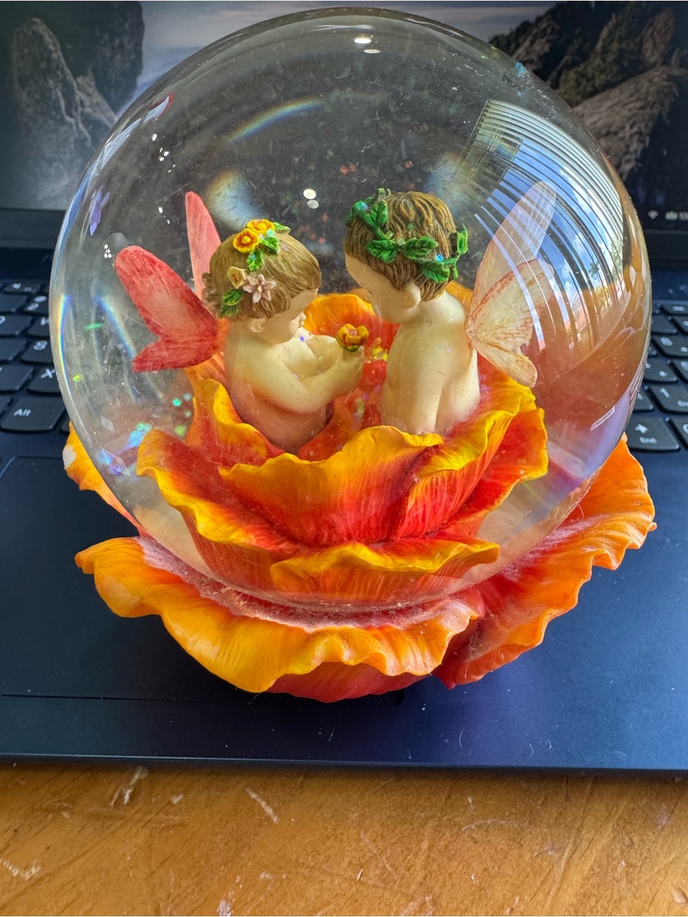 Handcrafted Orange Red Flower Fairy Snow Globe - Brand: